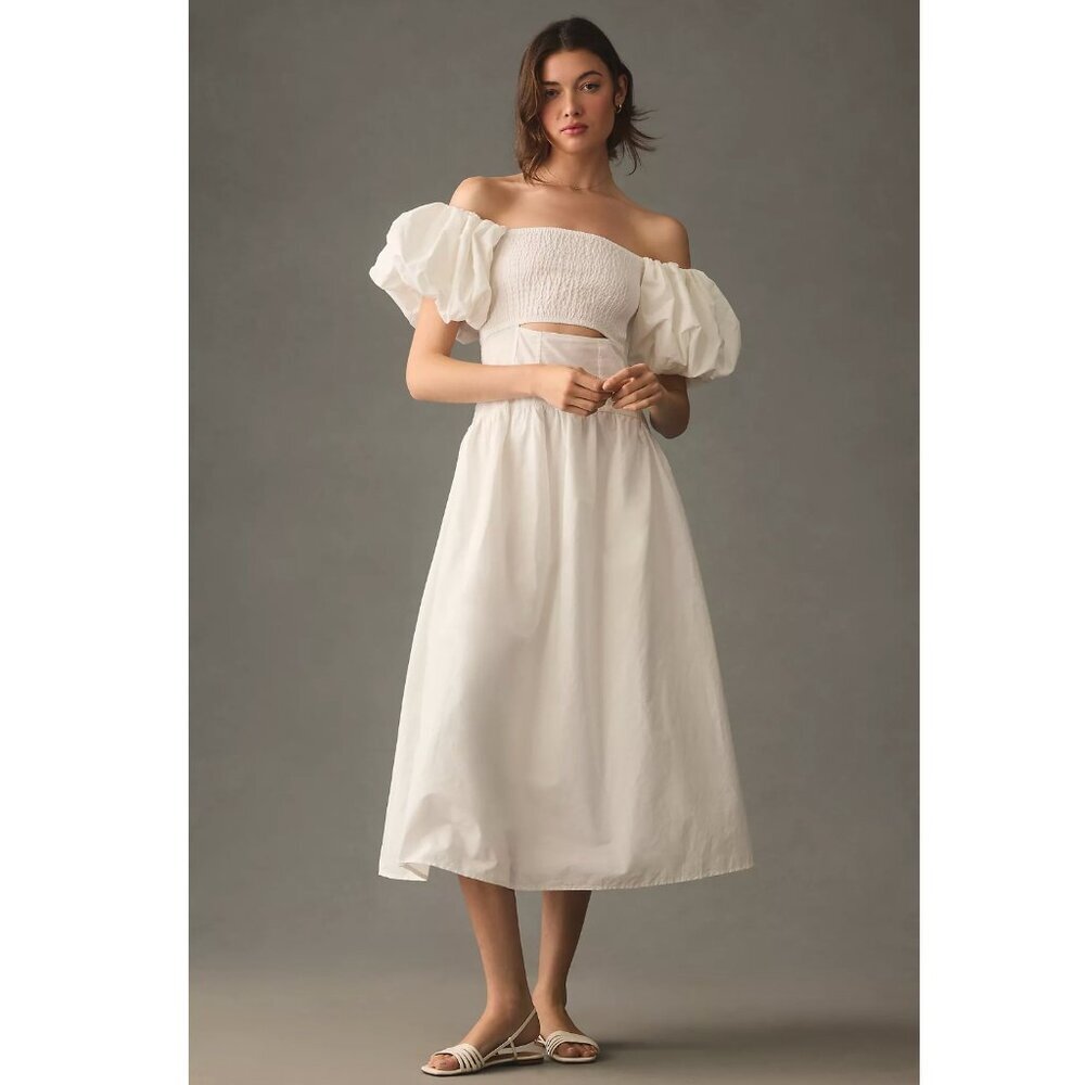 Anthropologie Off The Shoulder Cutout Midi Dress Smocked Cottage Ivory XS